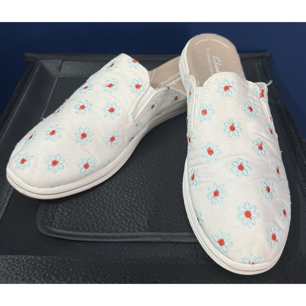 Clarks Shoes Womens 7 Breeze Shore Floral Embroidered Mules 26166239 White Daisy